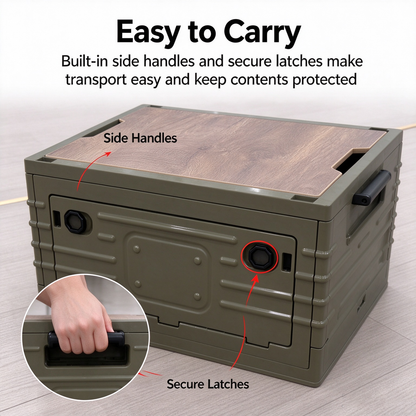 Folding Storage Box with Wooden Lid, 2-in-1 Outdoor Camping Table, Collapsible Bin for Car Trunk, Picnic, Olive Green
