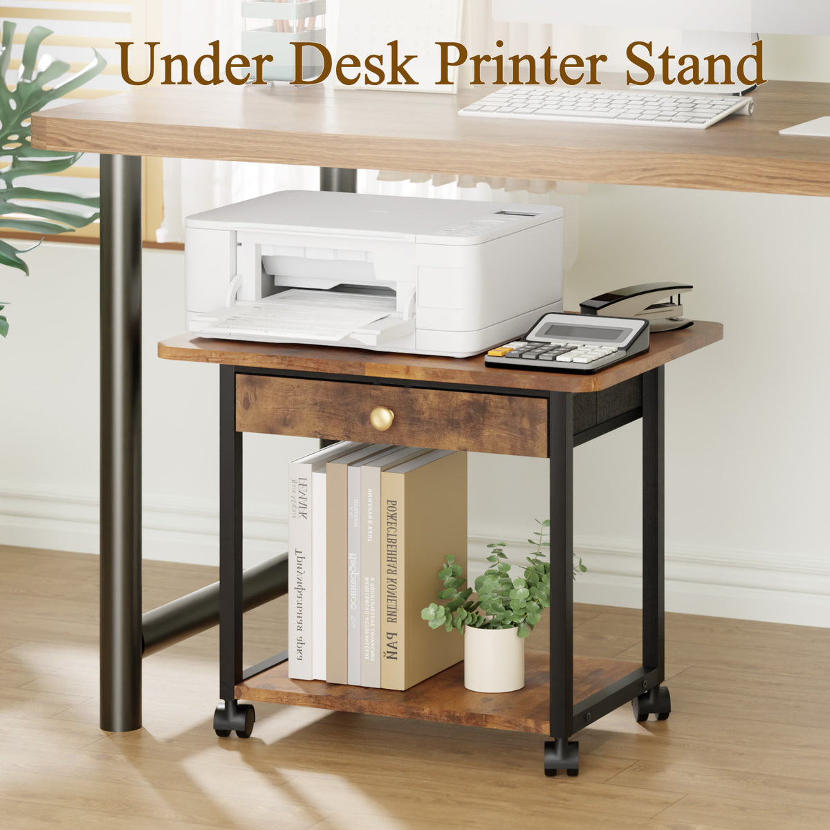Teamix 2-Tier Rolling Printer Stand with Drawer, 22" Under Desk Printer Cart