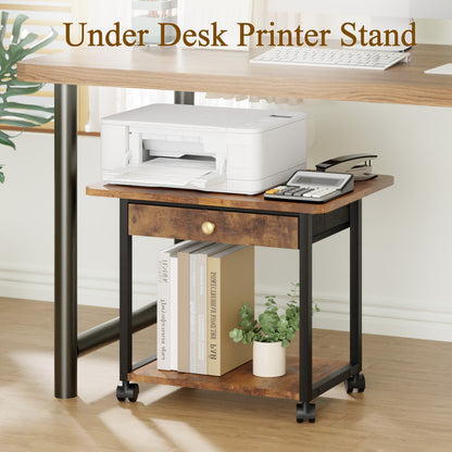 Teamix 2-Tier Rolling Printer Stand with Drawer, 22" Under Desk Printer Cart
