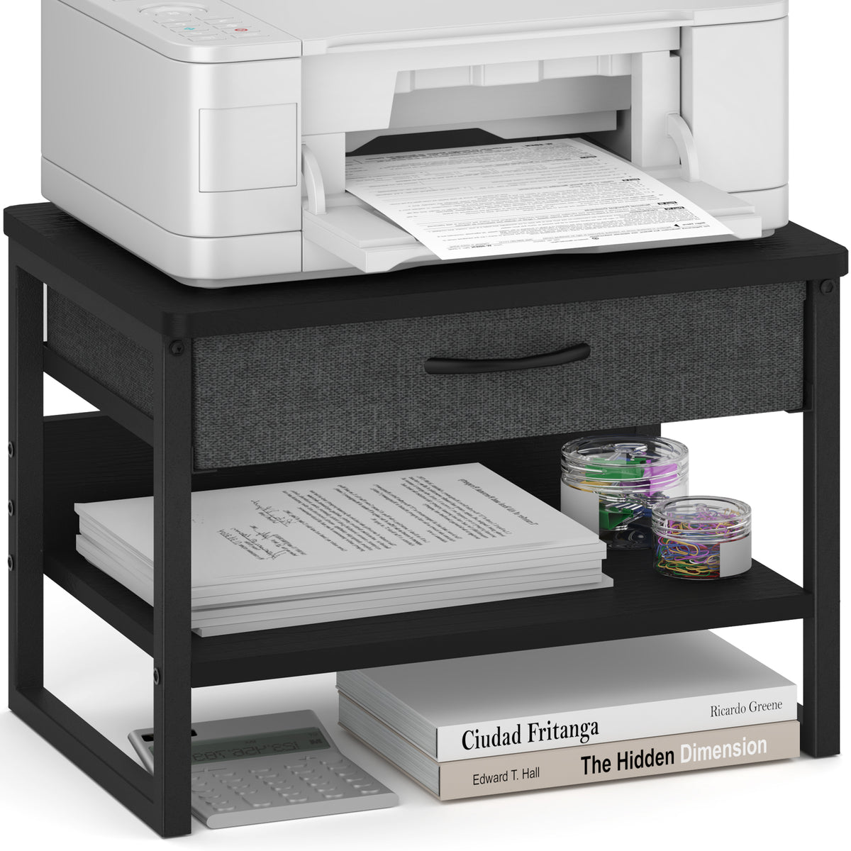Teamix Printer Stand with Drawer, 2-Tier Desktop Printer Riser with Storage