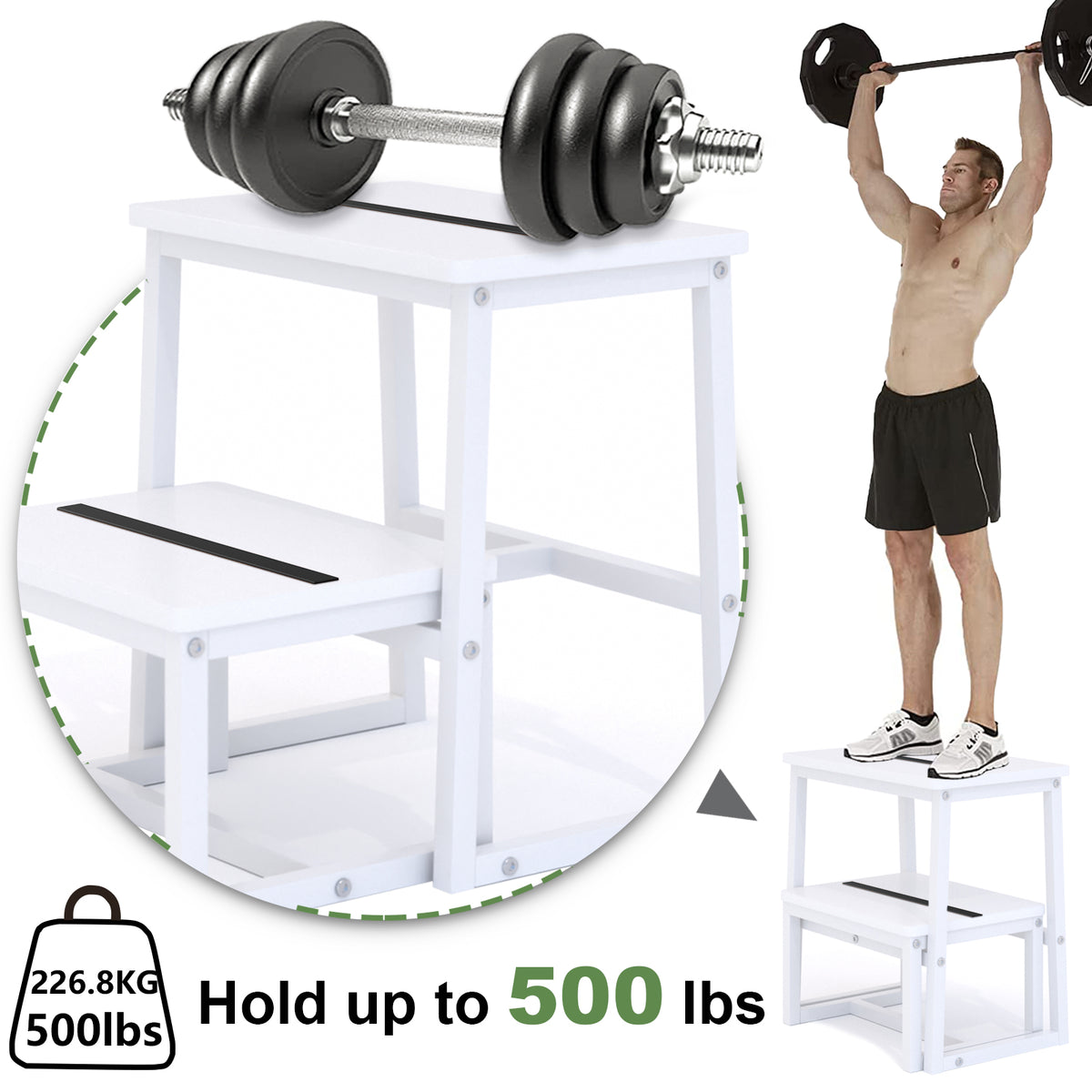 Teamix 2 Step Stool for Adults, 500 lb Heavy Duty Wooden Bedside Step Stool