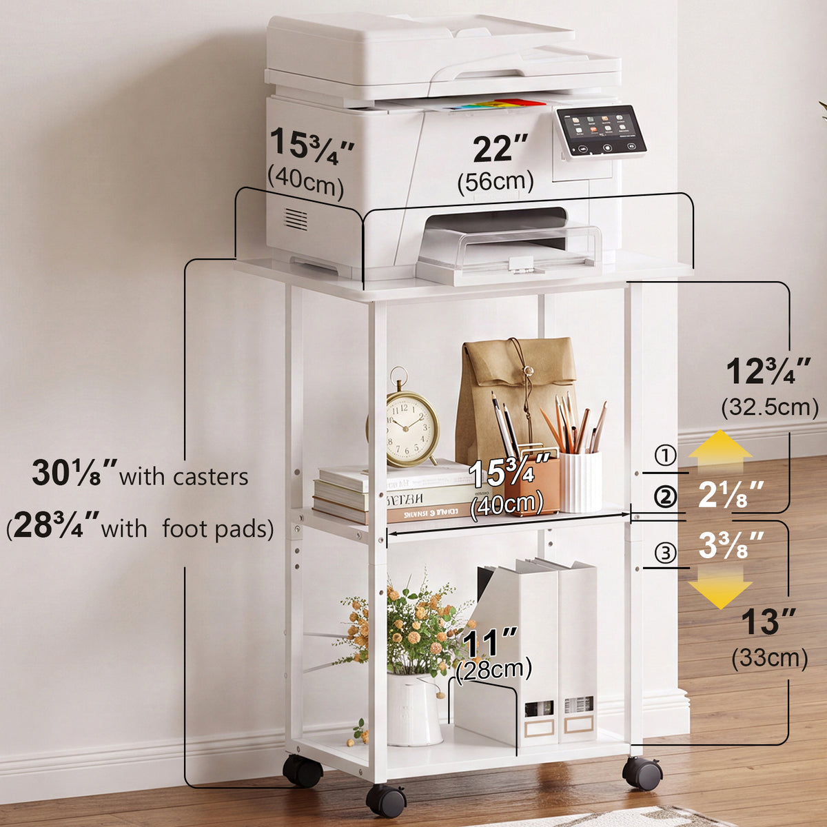 Teamix Rolling Printer Stand, 3-Tier 22" Mobile Printer Cart with Adjustable Shelf
