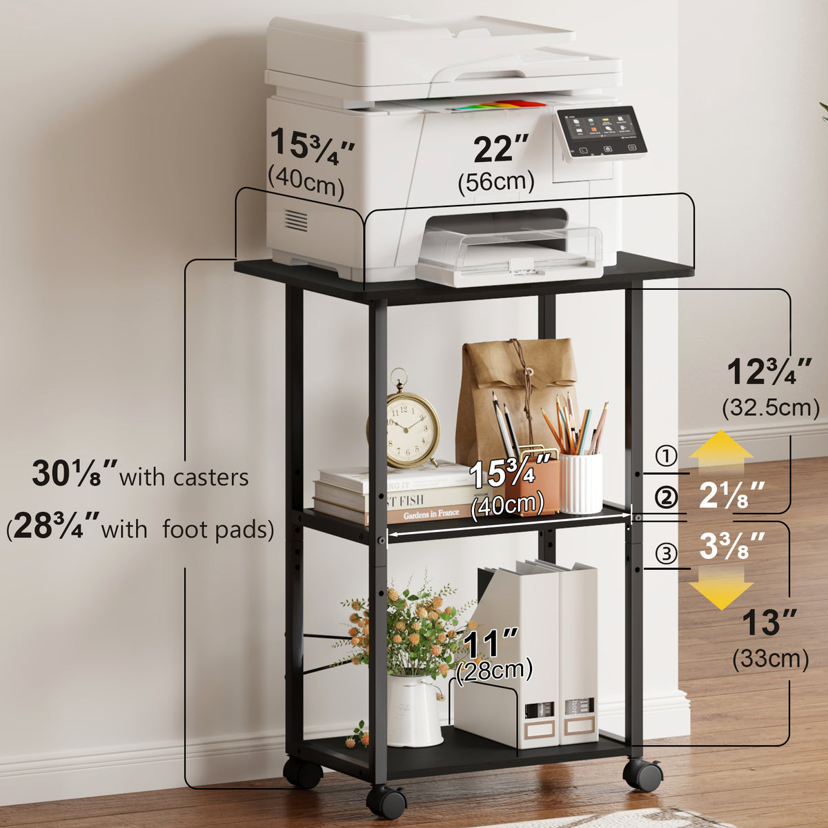 Teamix Rolling Printer Stand, 3-Tier 22" Mobile Printer Cart with Adjustable Shelf