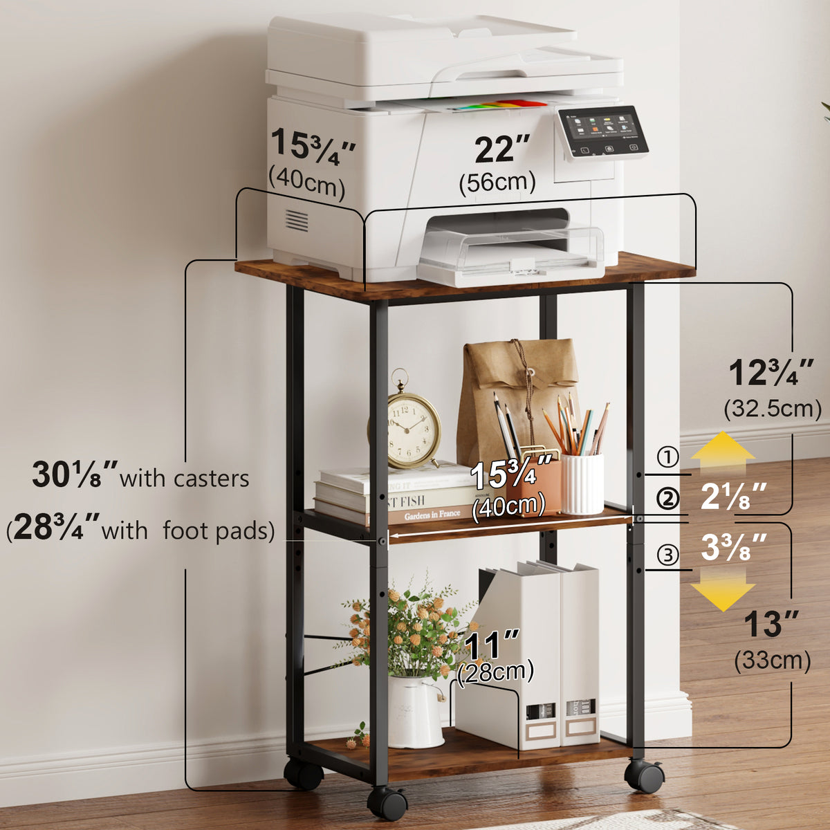 Teamix Rolling Printer Stand, 3-Tier 22" Mobile Printer Cart with Adjustable Shelf