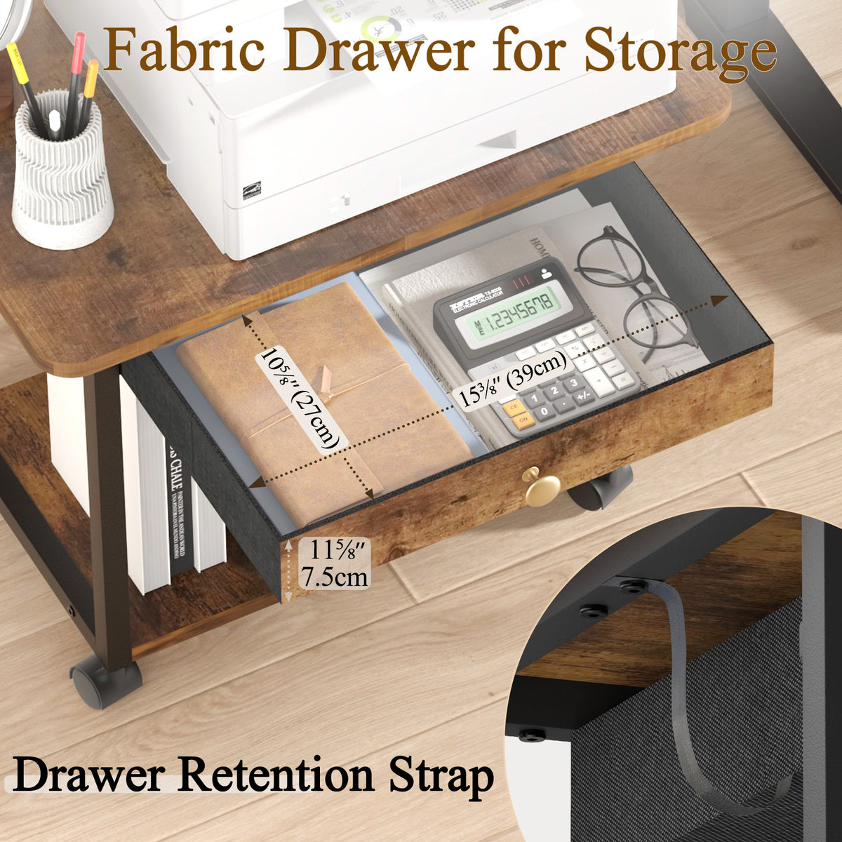 Teamix 2-Tier Rolling Printer Stand with Drawer, 22" Under Desk Printer Cart