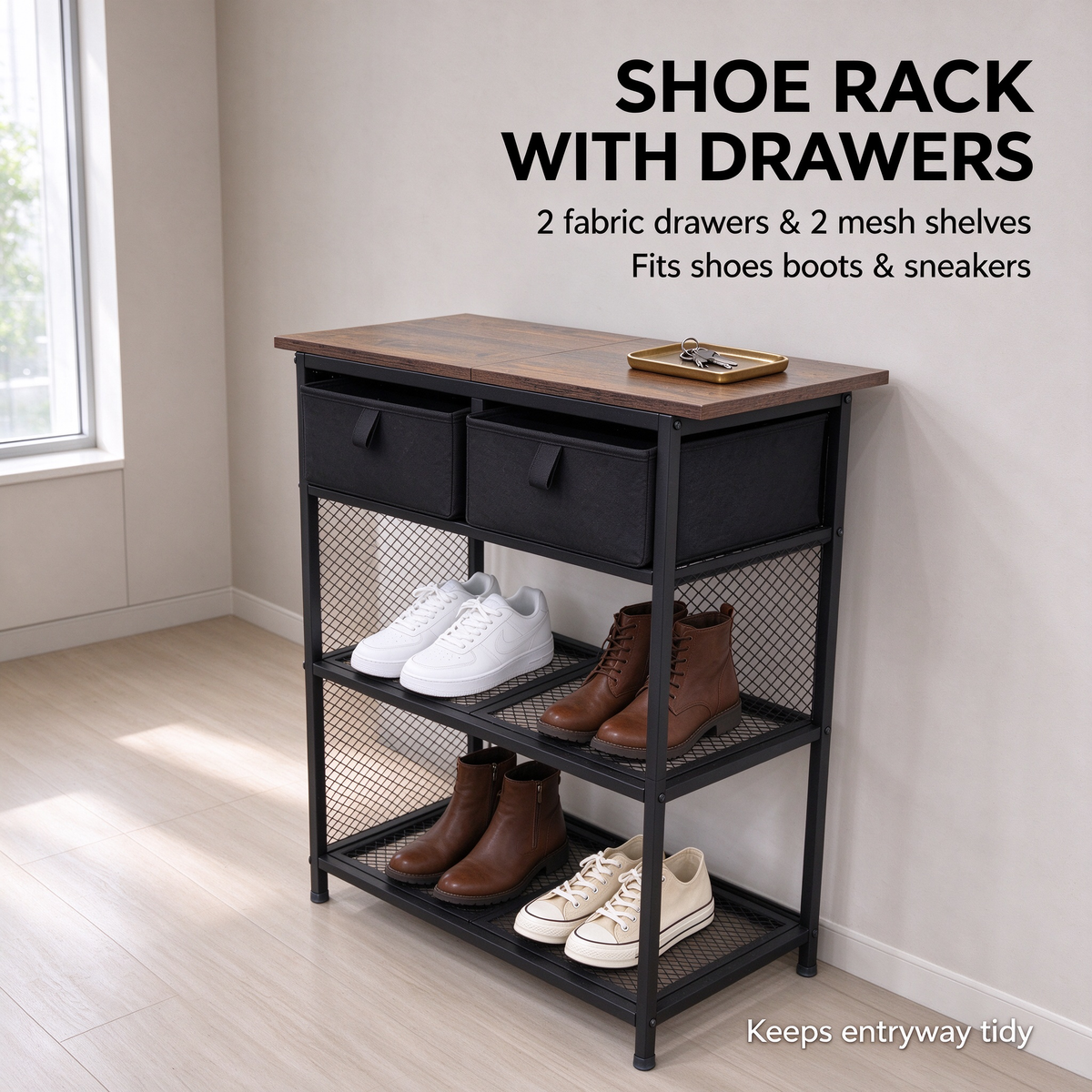 Shoe Rack for Entryway with 2 Fabric Drawers and Mesh Shelves, Slim Shoe Organizer with Wood Top for Hallway, Brown