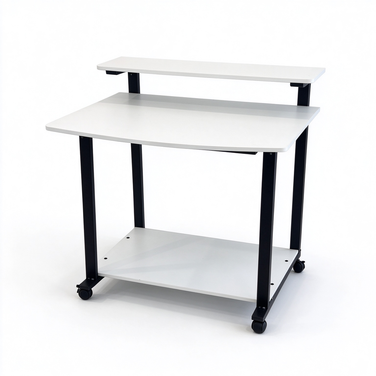 Rolling Computer Desk with 2-Tier Shelves, Home Office Desk with Wheels, Curved Writing Table for Bedroom Small Space, White