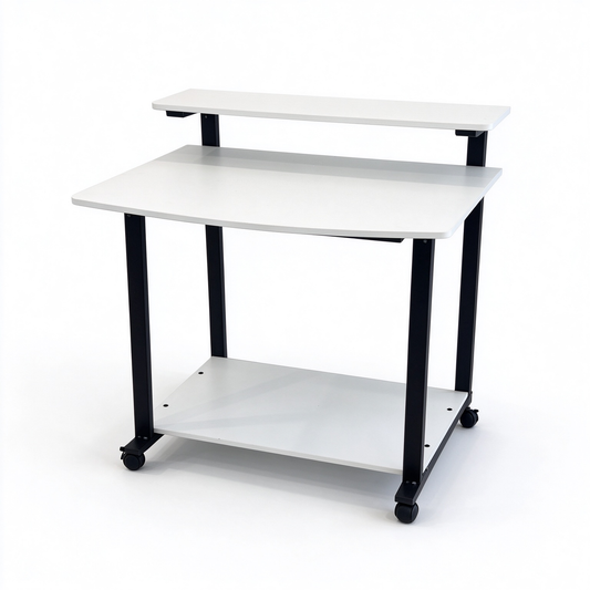 Rolling Computer Desk with 2-Tier Shelves, Home Office Desk with Wheels, Curved Writing Table for Bedroom Small Space, White