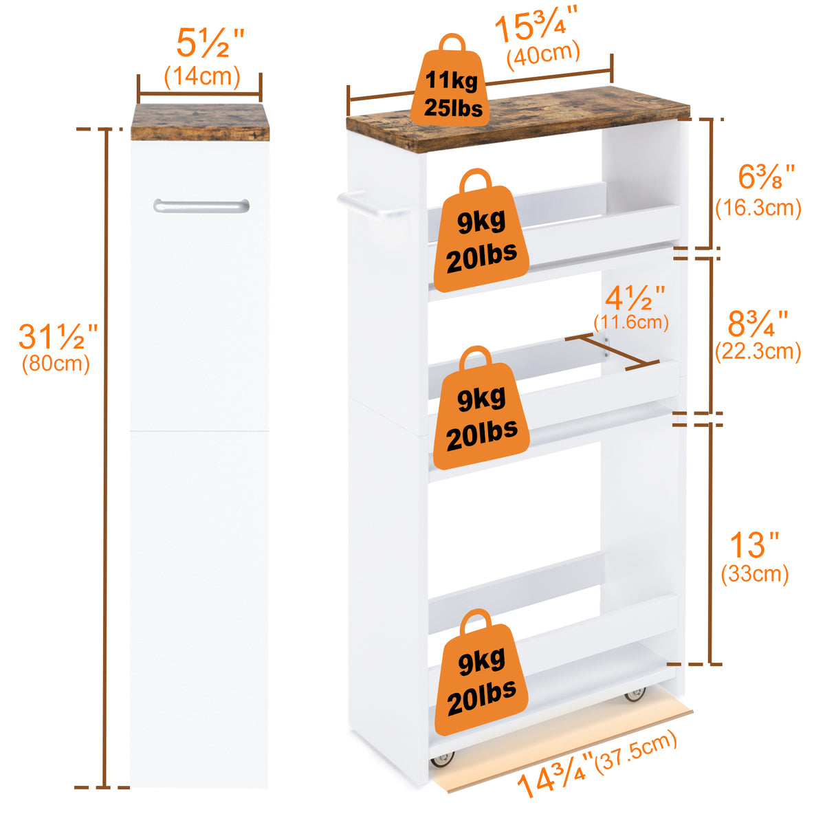 Teamix Slim Rolling Storage Cart 4-Tier, 5.5" Narrow Wood Organizer