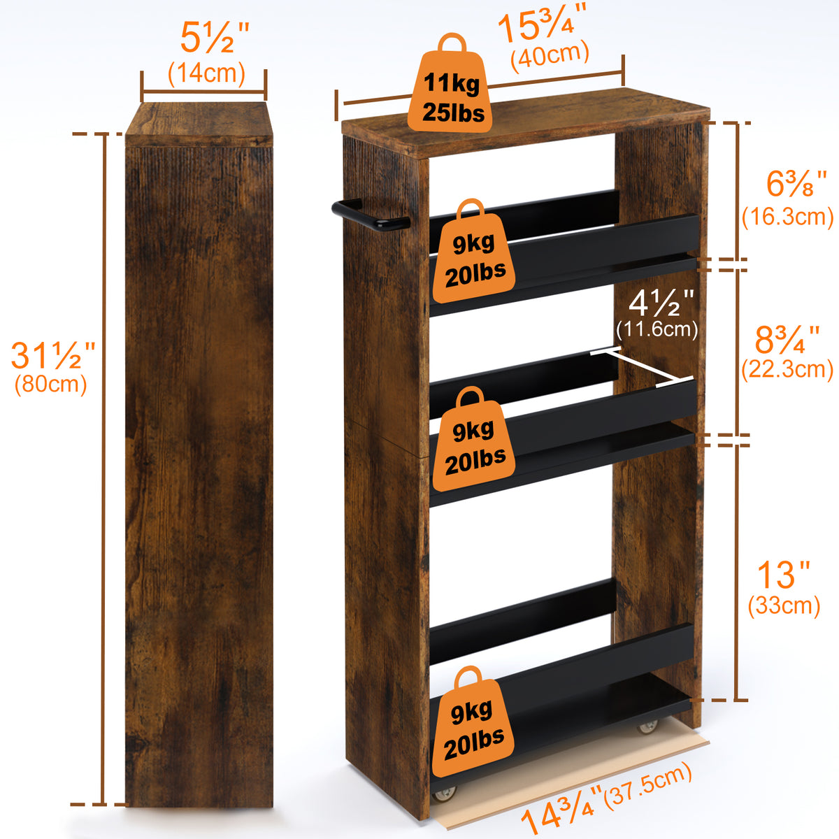 Teamix Slim Rolling Storage Cart 4-Tier, 5.5" Narrow Wood Organizer