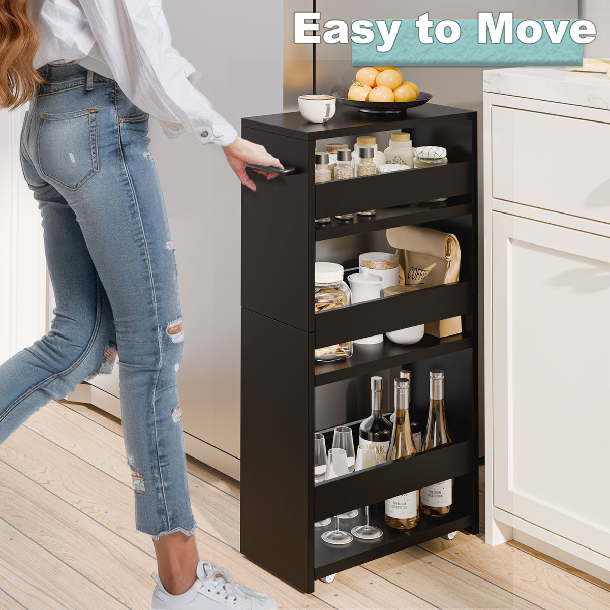 Slim Rolling Storage Cart, Wood 4-Tier Narrow Kitchen/Laundry Cart