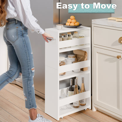 Slim Rolling Storage Cart, Wood 4-Tier Narrow Kitchen/Laundry Cart