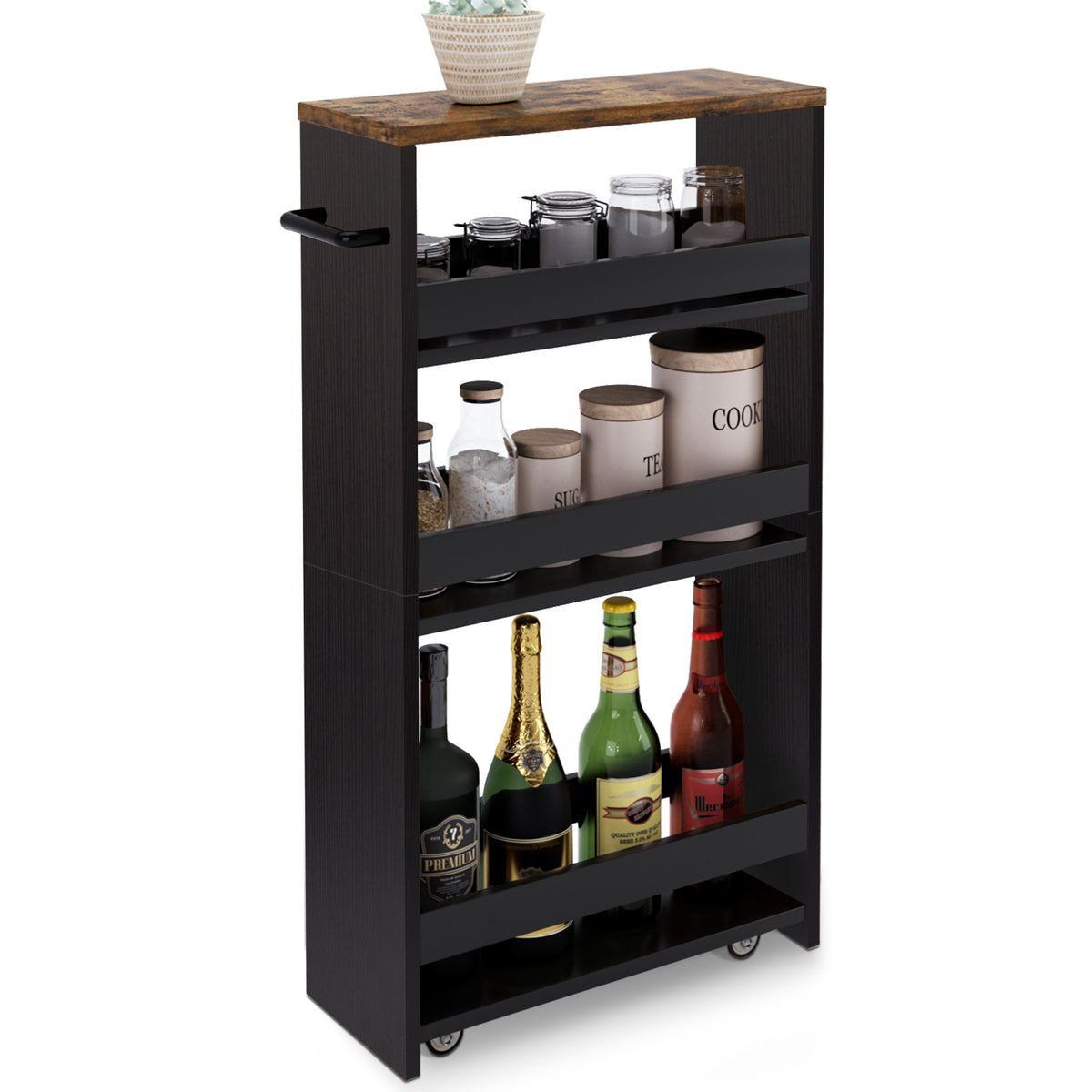 Teamix Slim Rolling Storage Cart 4-Tier, 5.5" Narrow Wood Organizer