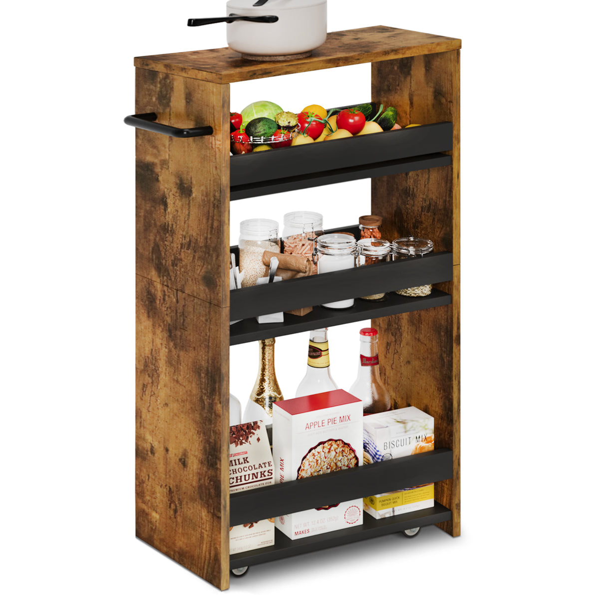 Slim Rolling Storage Cart, Wood 4-Tier Narrow Kitchen/Laundry Cart