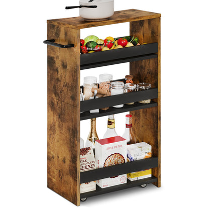 Slim Rolling Storage Cart, Wood 4-Tier Narrow Kitchen/Laundry Cart