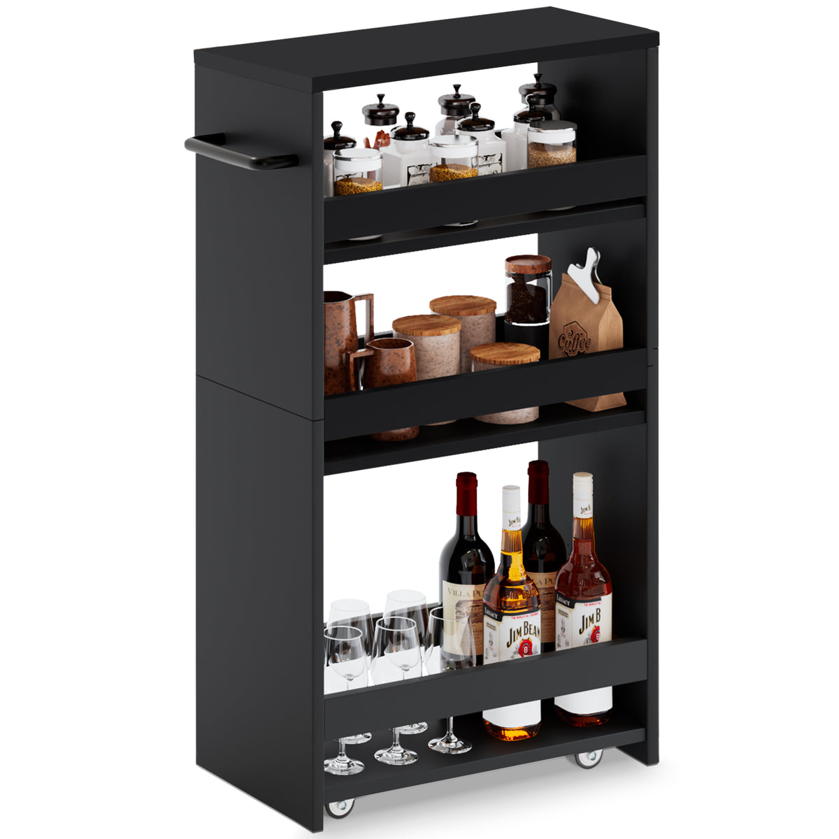 Slim Rolling Storage Cart, Wood 4-Tier Narrow Kitchen/Laundry Cart