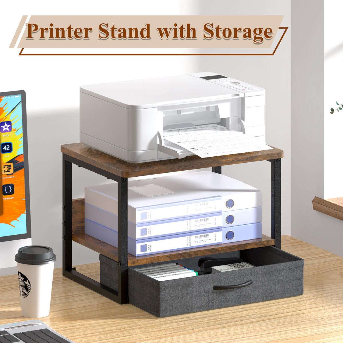 Teamix Printer Stand with Drawer, 2-Tier Desktop Printer Riser with Storage
