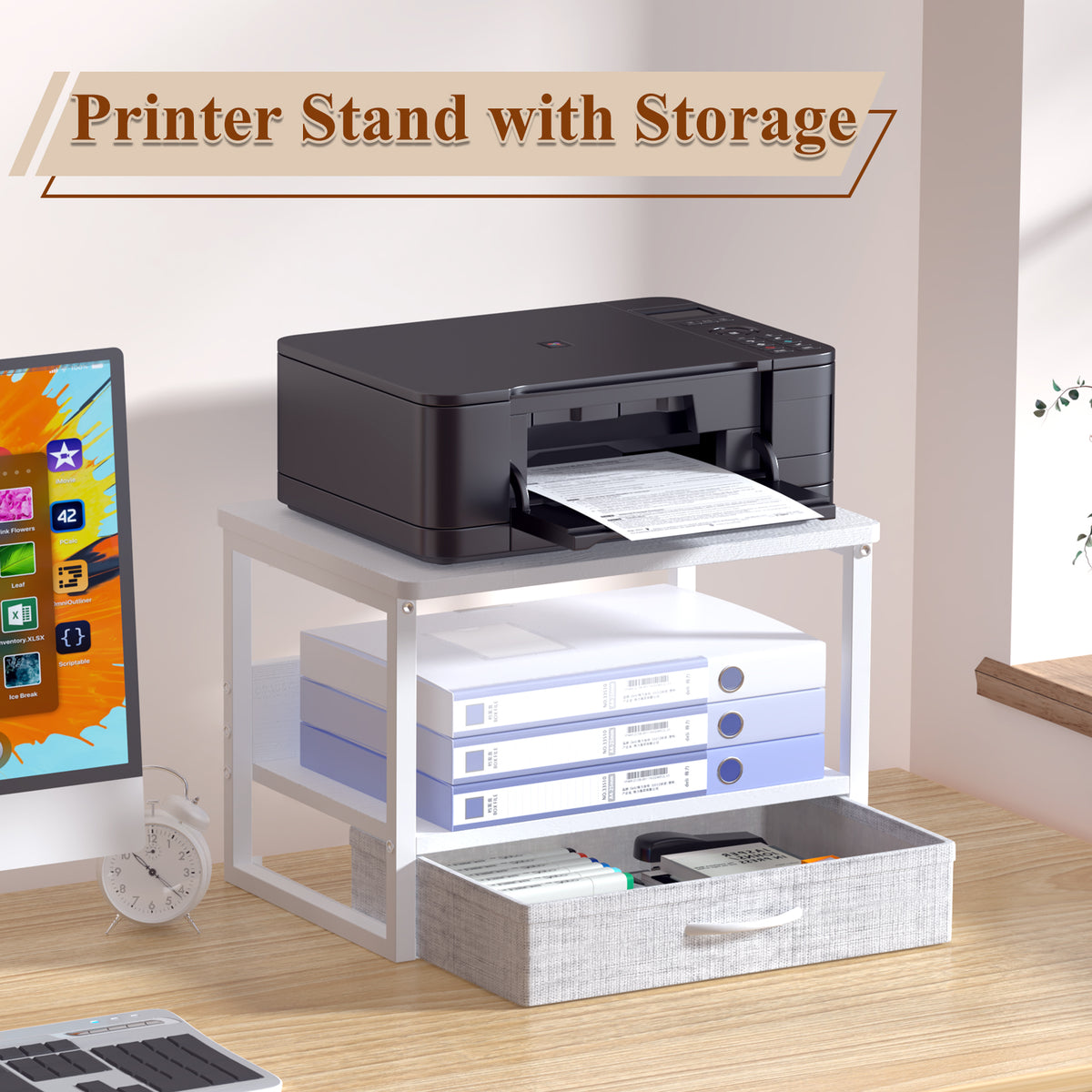 Teamix Printer Stand with Drawer, 2-Tier Desktop Printer Riser with Storage