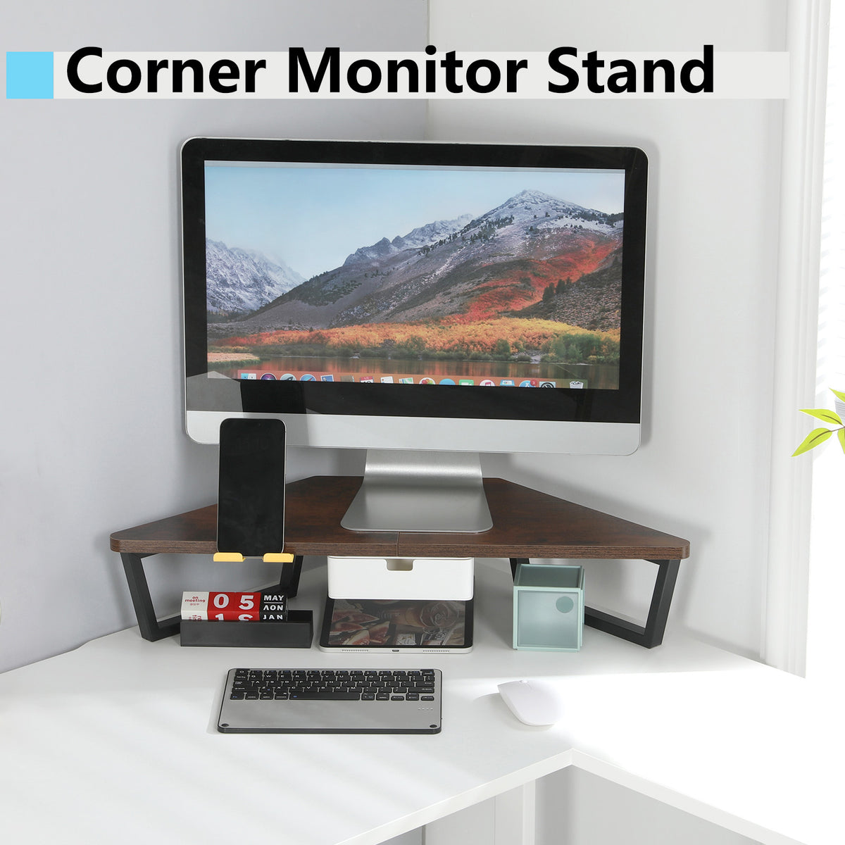 Teamix 26" Corner Monitor Stand Riser with Drawer & Phone Holder