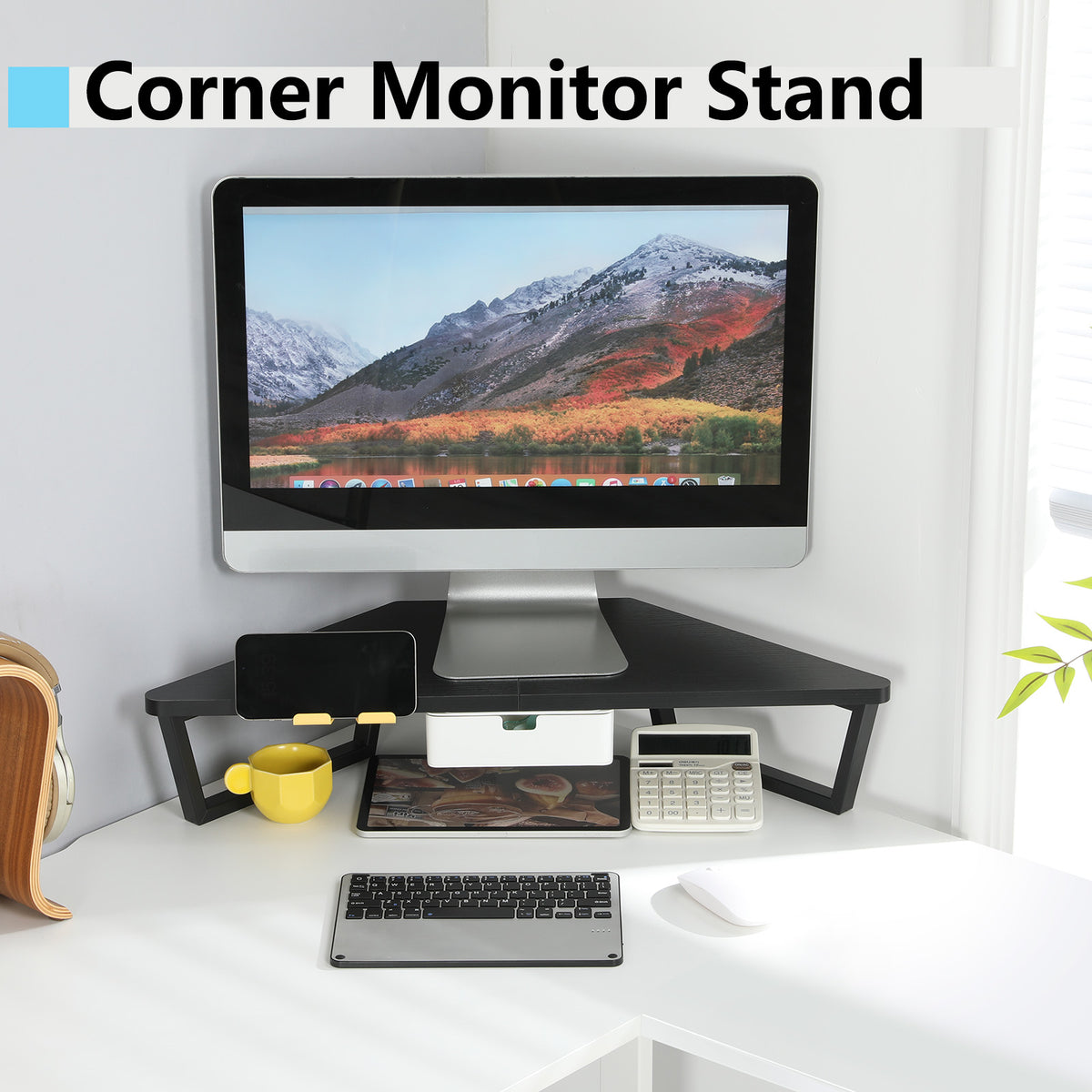 Teamix 26" Corner Monitor Stand Riser with Drawer & Phone Holder
