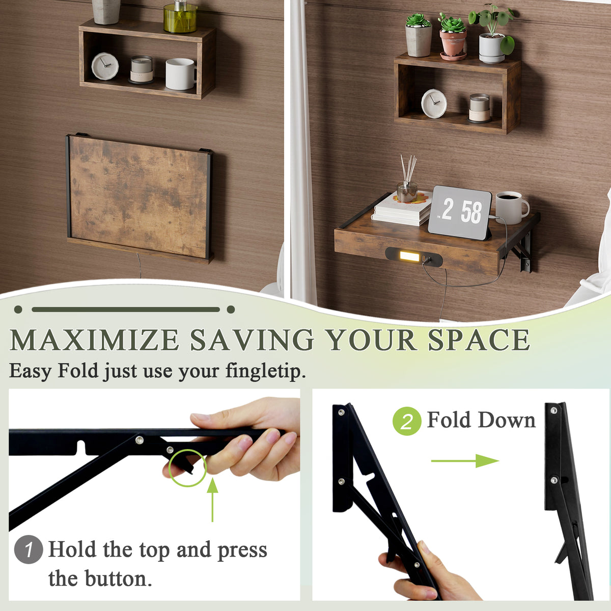 Teamix Wall Mounted Nightstand with USB-C & LED Light