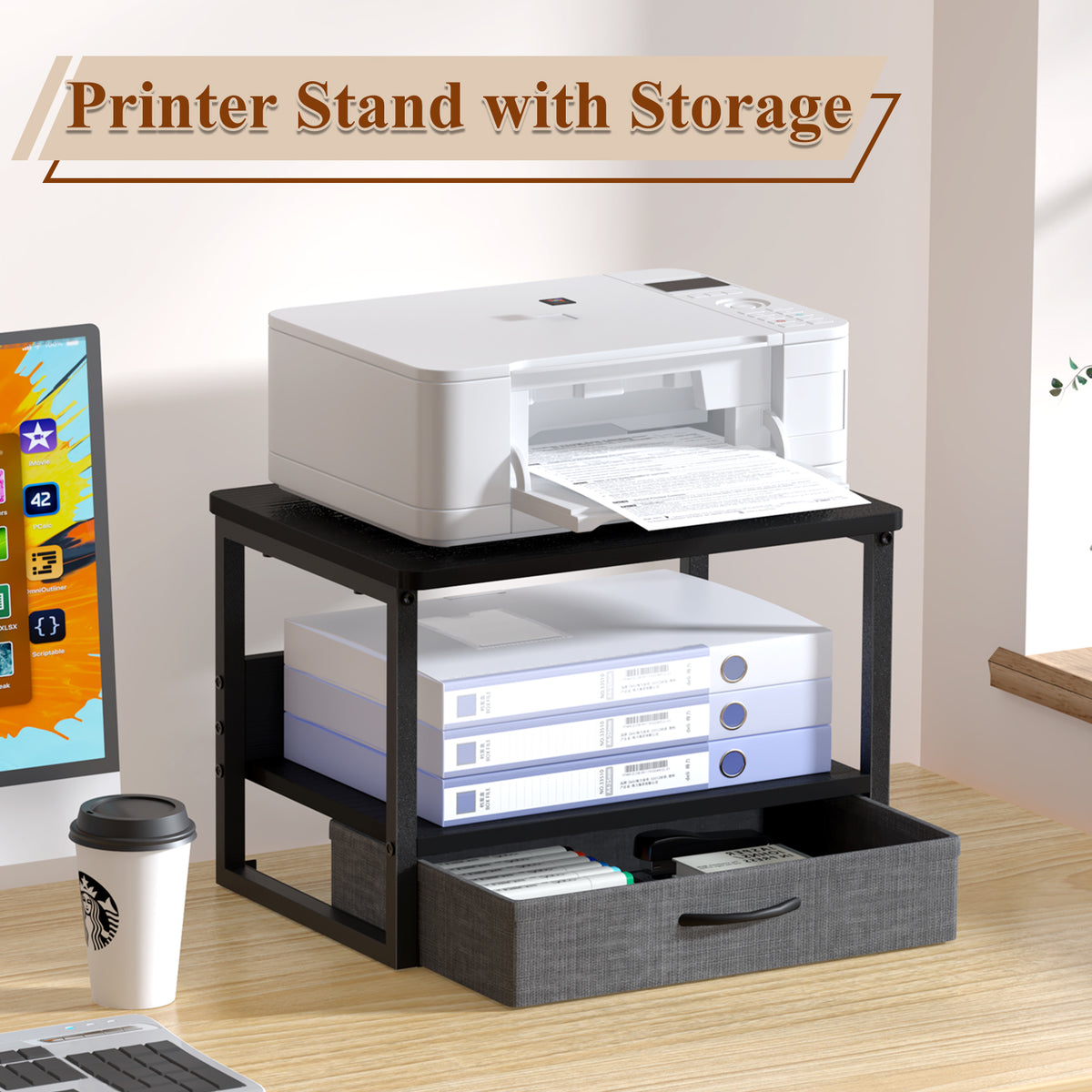 Teamix Printer Stand with Drawer, 2-Tier Desktop Printer Riser with Storage