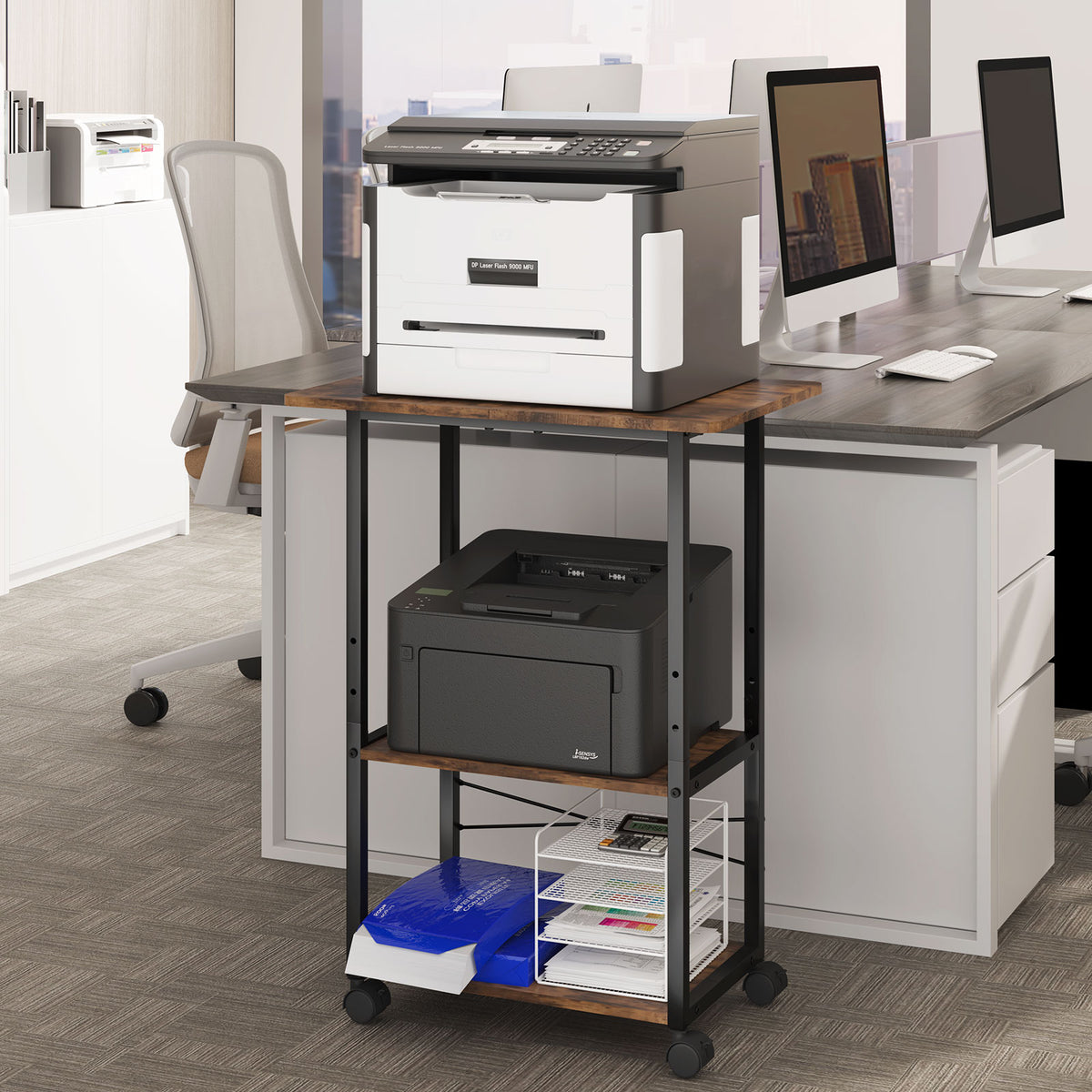 Teamix Rolling Printer Stand, 3-Tier 22" Mobile Printer Cart with Adjustable Shelf