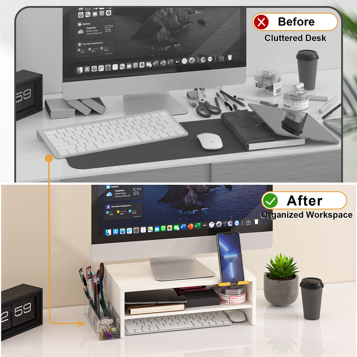 Teamix 16.1" 2-Tier Monitor Stand Riser with Phone Stand & Pen Holder