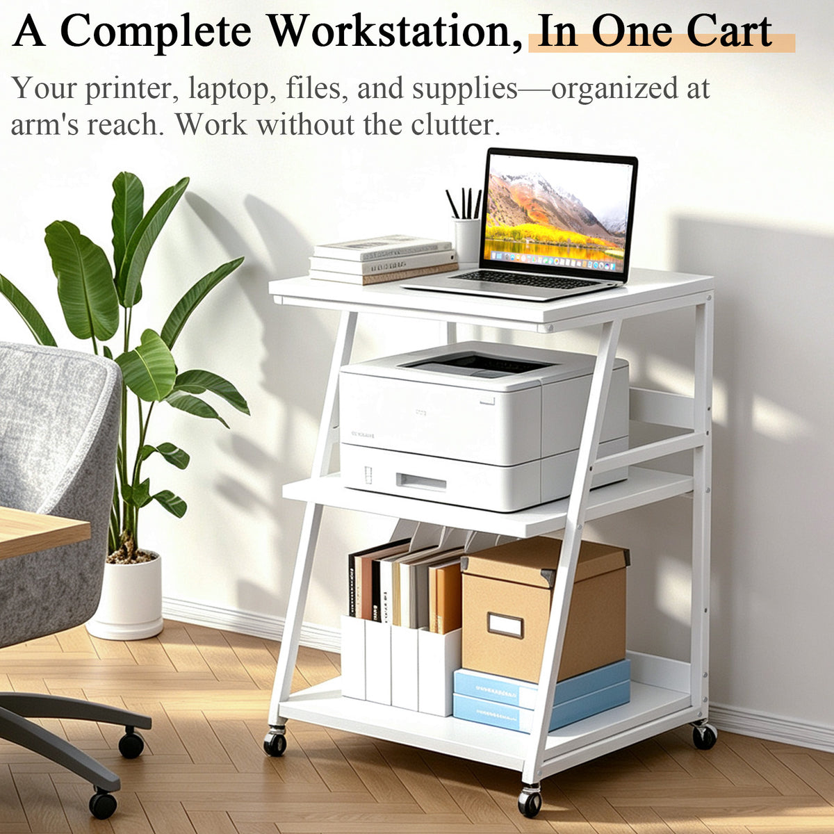 Teamix Rolling Printer Stand, 3-Tier Printer Cart with Adjustable Shelf