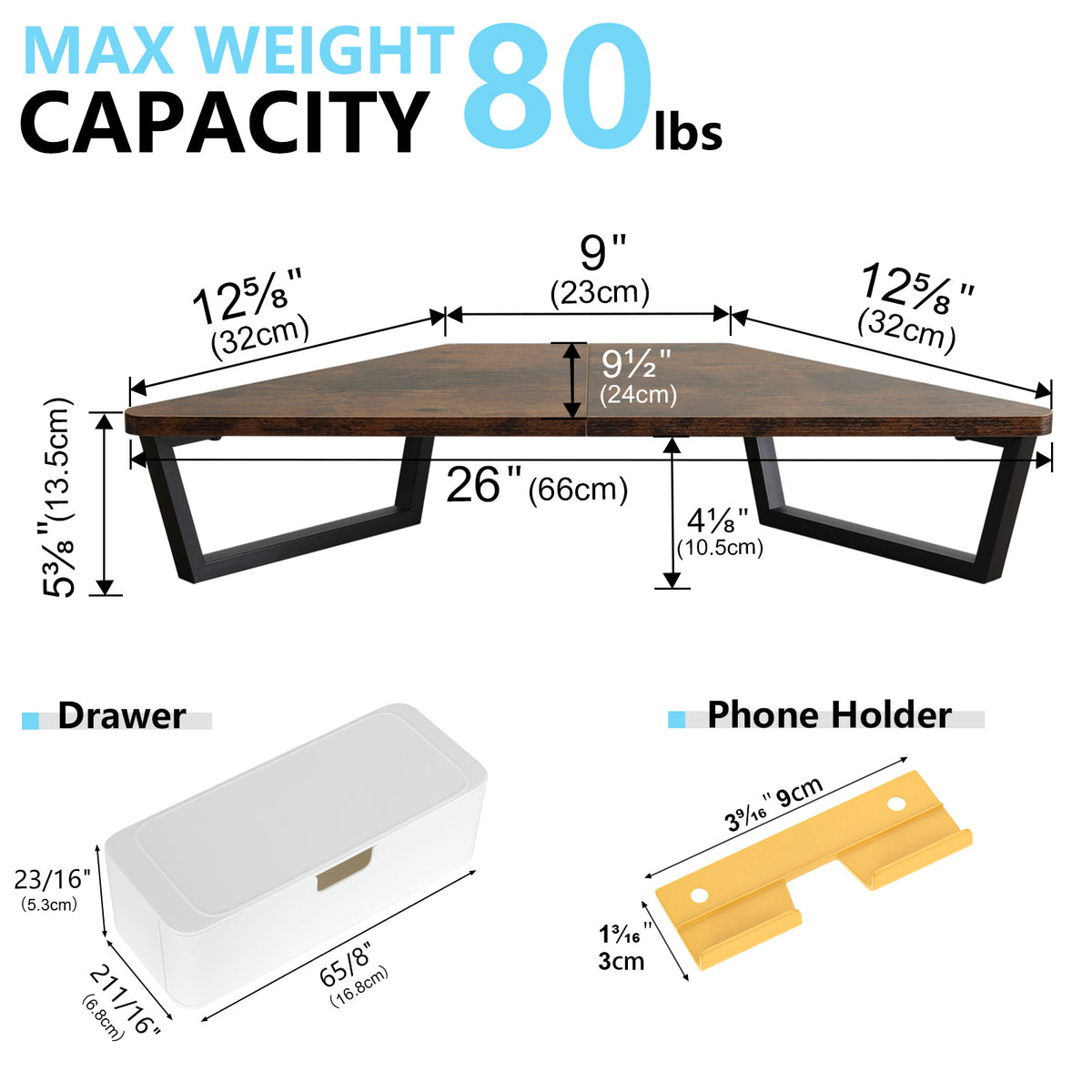 Teamix 26" Corner Monitor Stand Riser with Drawer & Phone Holder
