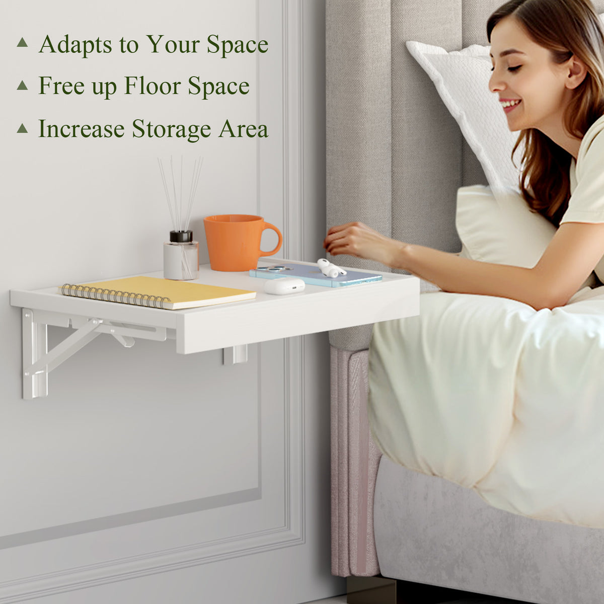 Teamix Wall Mounted Folding Bedside Shelf, 16.5" Floating Nightstand with Storage