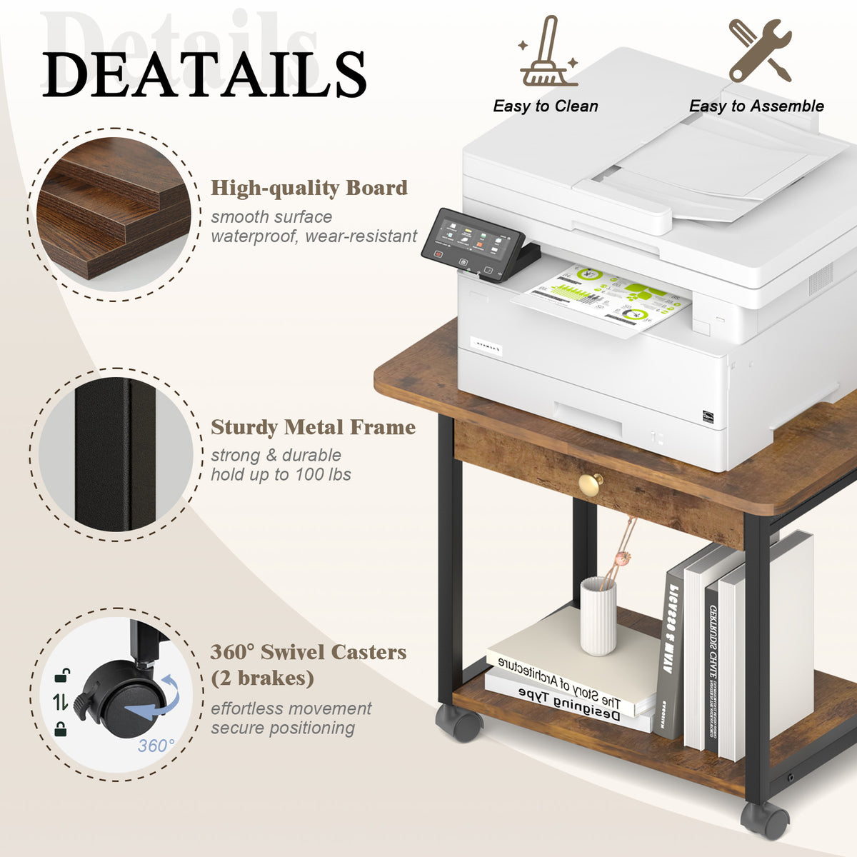 Teamix 2-Tier Rolling Printer Stand with Drawer, 22" Under Desk Printer Cart