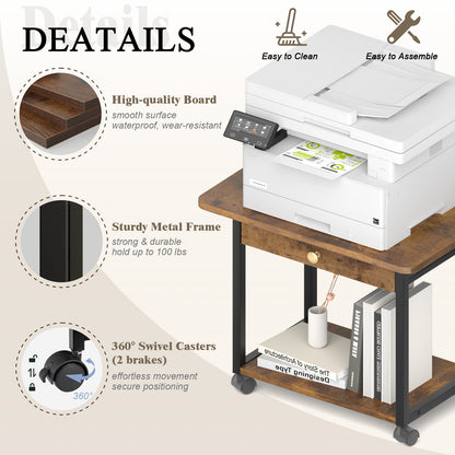 Teamix 2-Tier Rolling Printer Stand with Drawer, 22" Under Desk Printer Cart