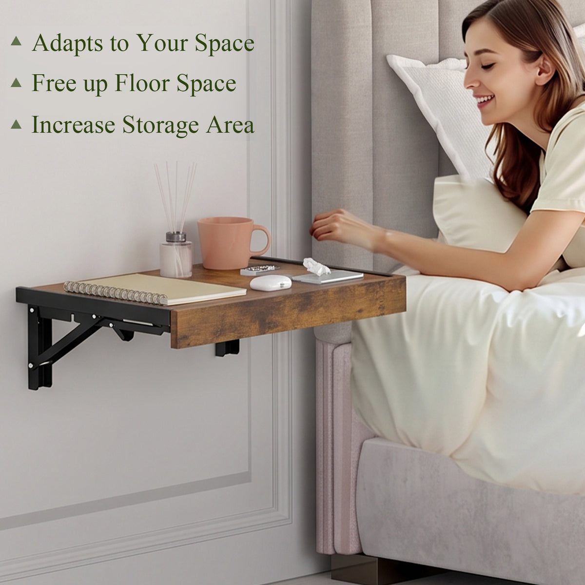 Teamix Wall Mounted Folding Bedside Shelf, 16.5" Floating Nightstand with Storage