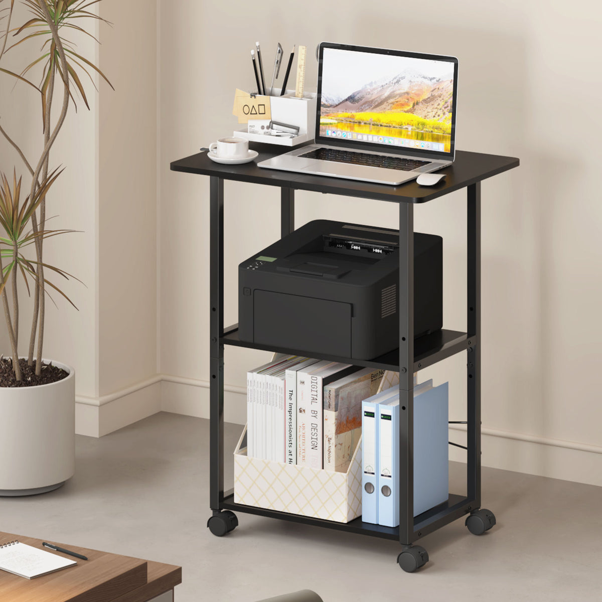 Teamix Rolling Printer Stand, 3-Tier 22" Mobile Printer Cart with Adjustable Shelf