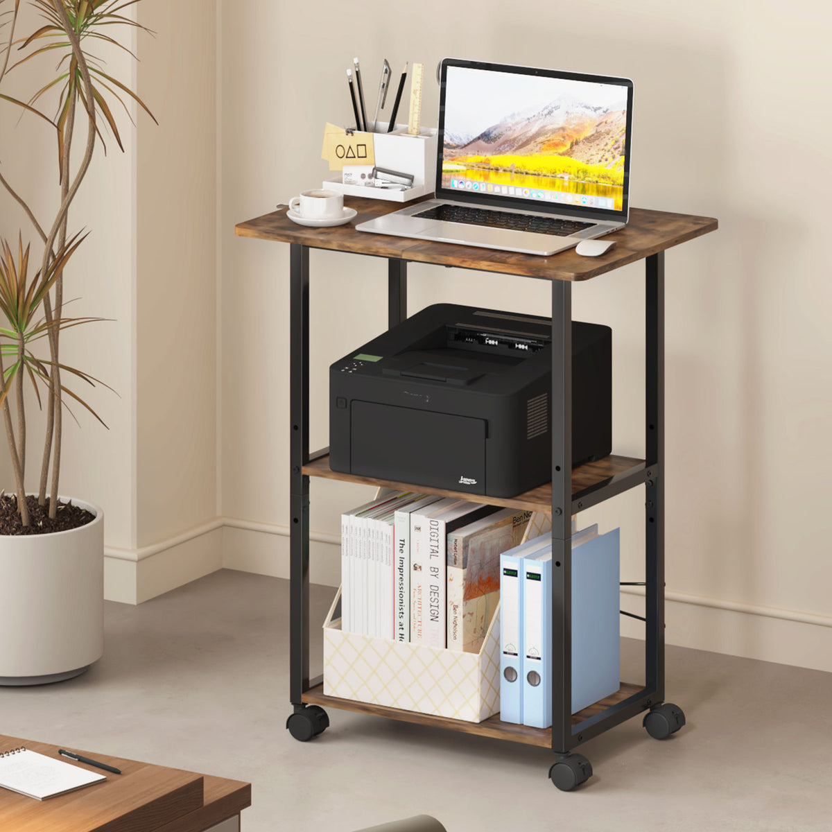 Teamix Rolling Printer Stand, 3-Tier 22" Mobile Printer Cart with Adjustable Shelf
