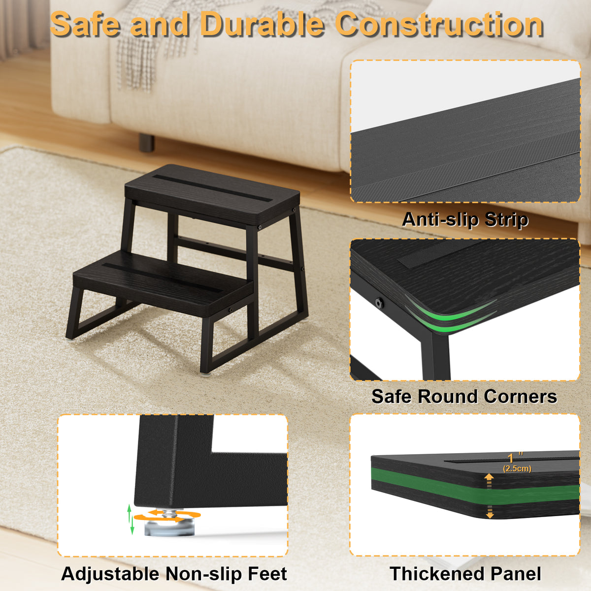 Teamix 2-Step Stool for Adults, 500 lb Heavy-Duty Wood Step Stool.