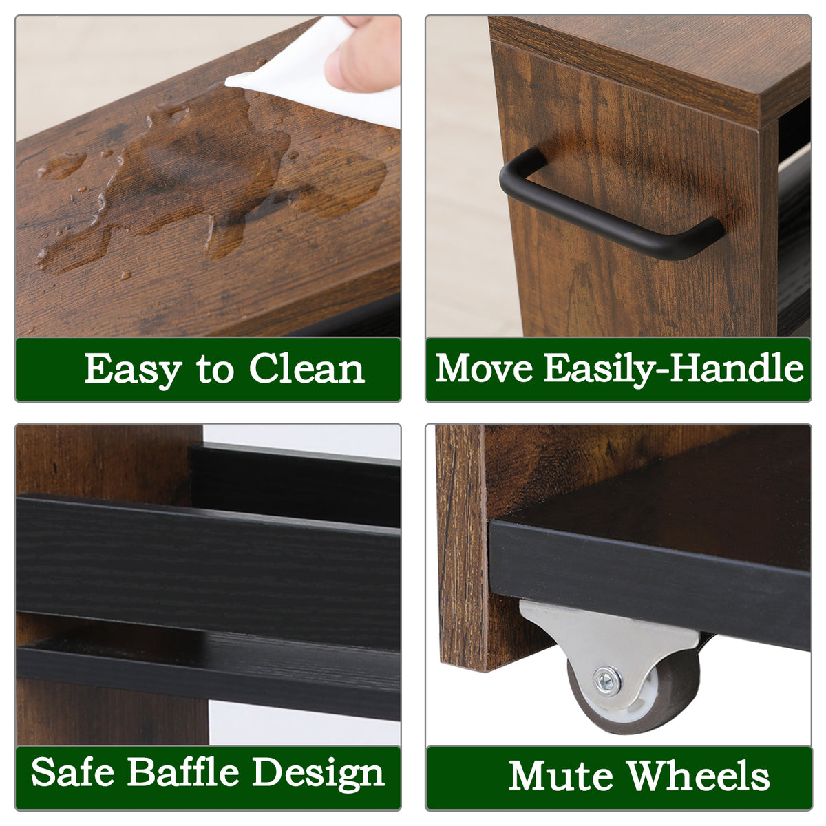 Slim Rolling Storage Cart, Wood 4-Tier Narrow Kitchen/Laundry Cart