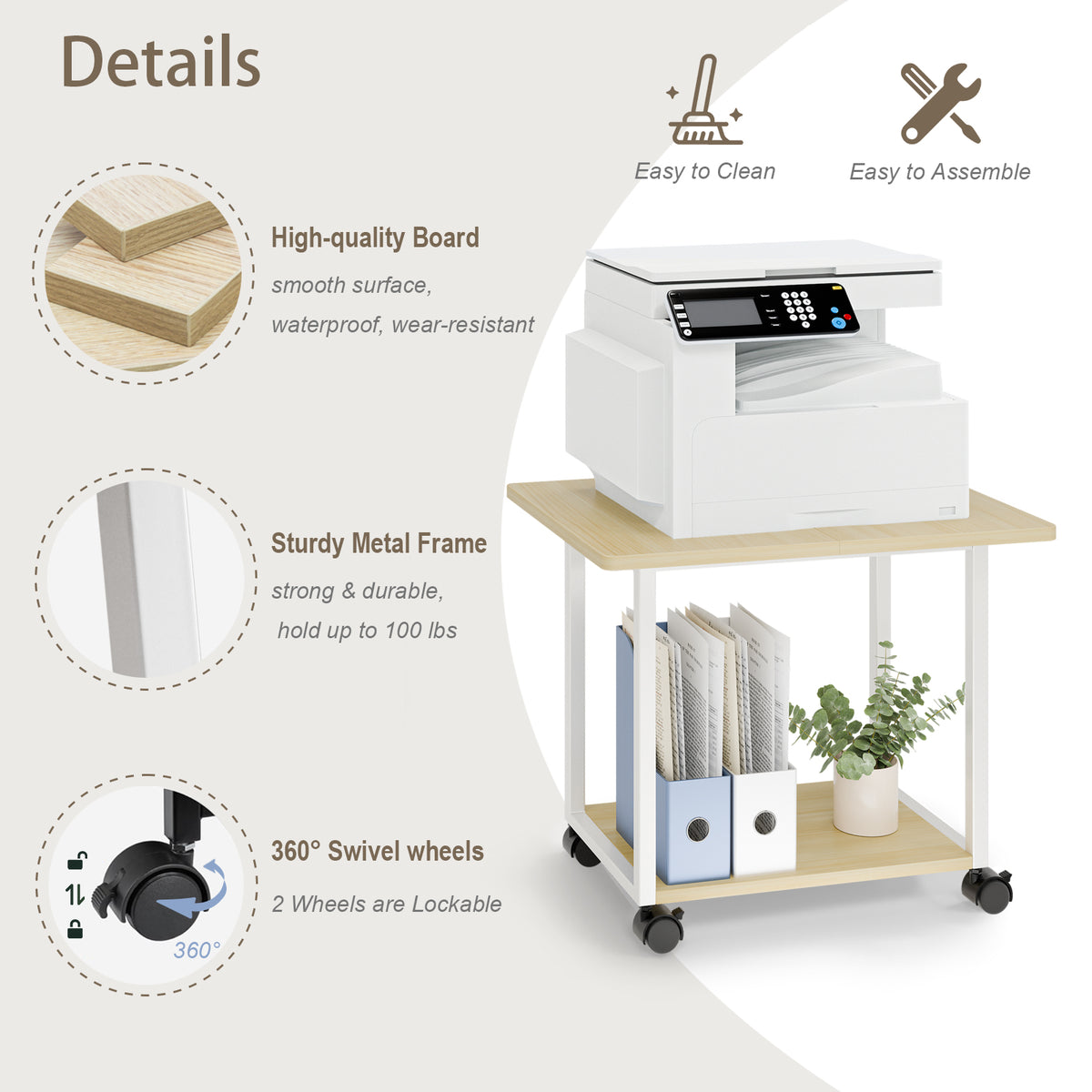Teamix Rolling Printer Stand, 22" Under Desk Printer Cart with Storage