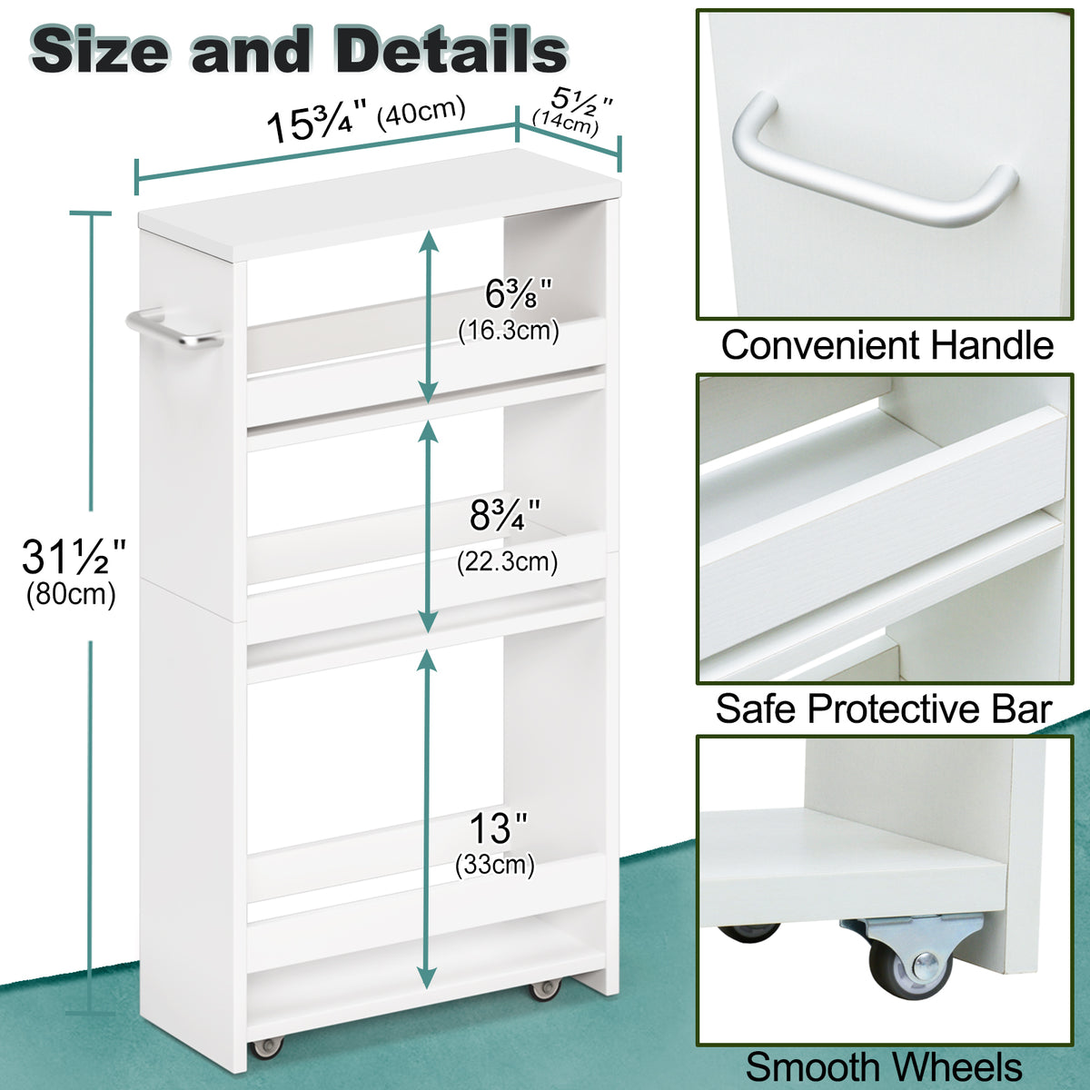 Teamix Slim Rolling Storage Cart 4-Tier, 5.5" Narrow Wood Organizer