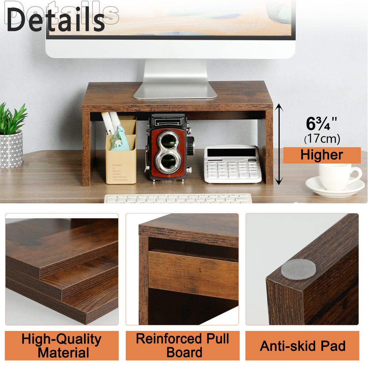 Teamix Monitor Stand Riser with Storage, 6.7" Tall Wood Desk Organizer