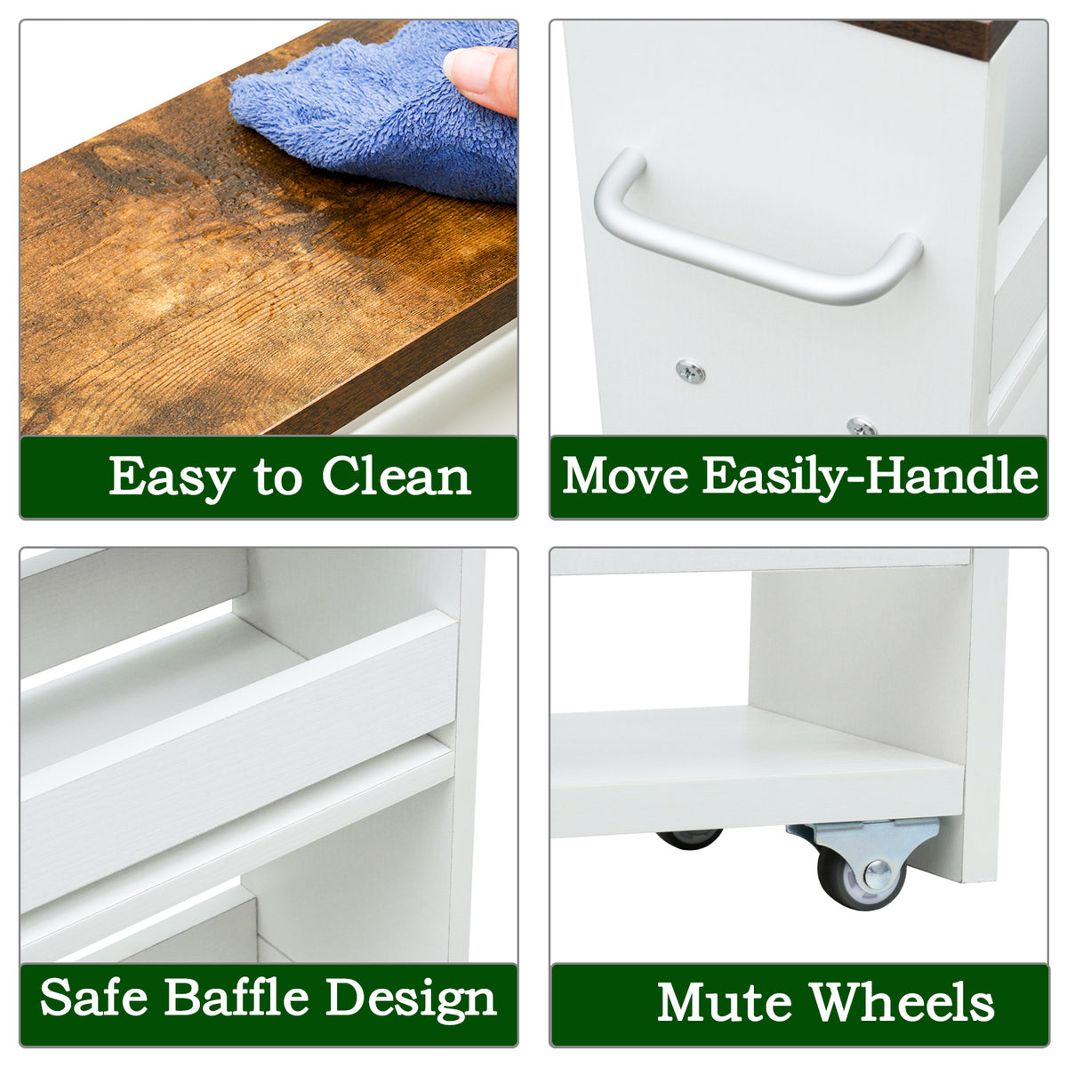 Slim Rolling Storage Cart, Wood 4-Tier Narrow Kitchen/Laundry Cart