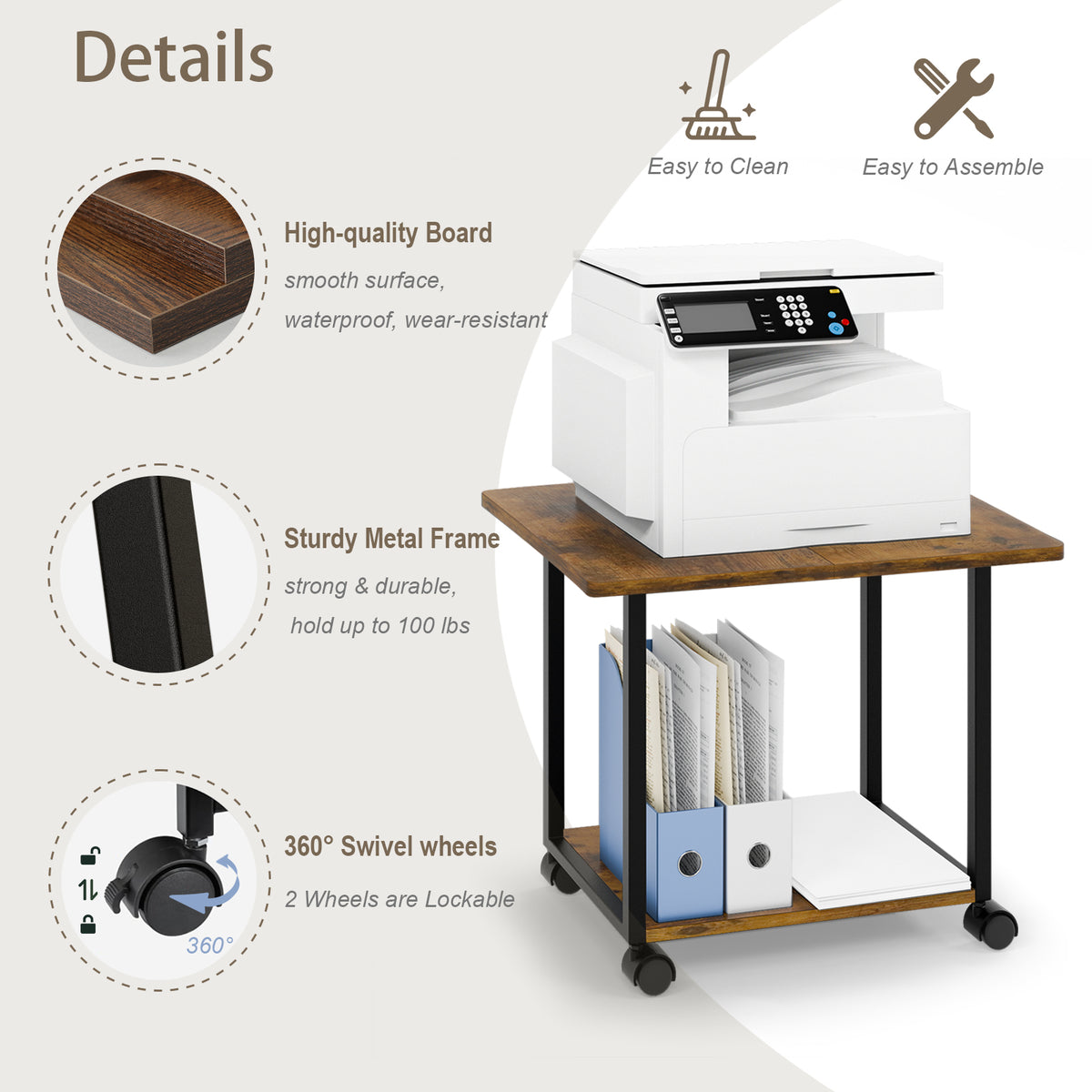 Teamix Rolling Printer Stand, 22" Under Desk Printer Cart with Storage