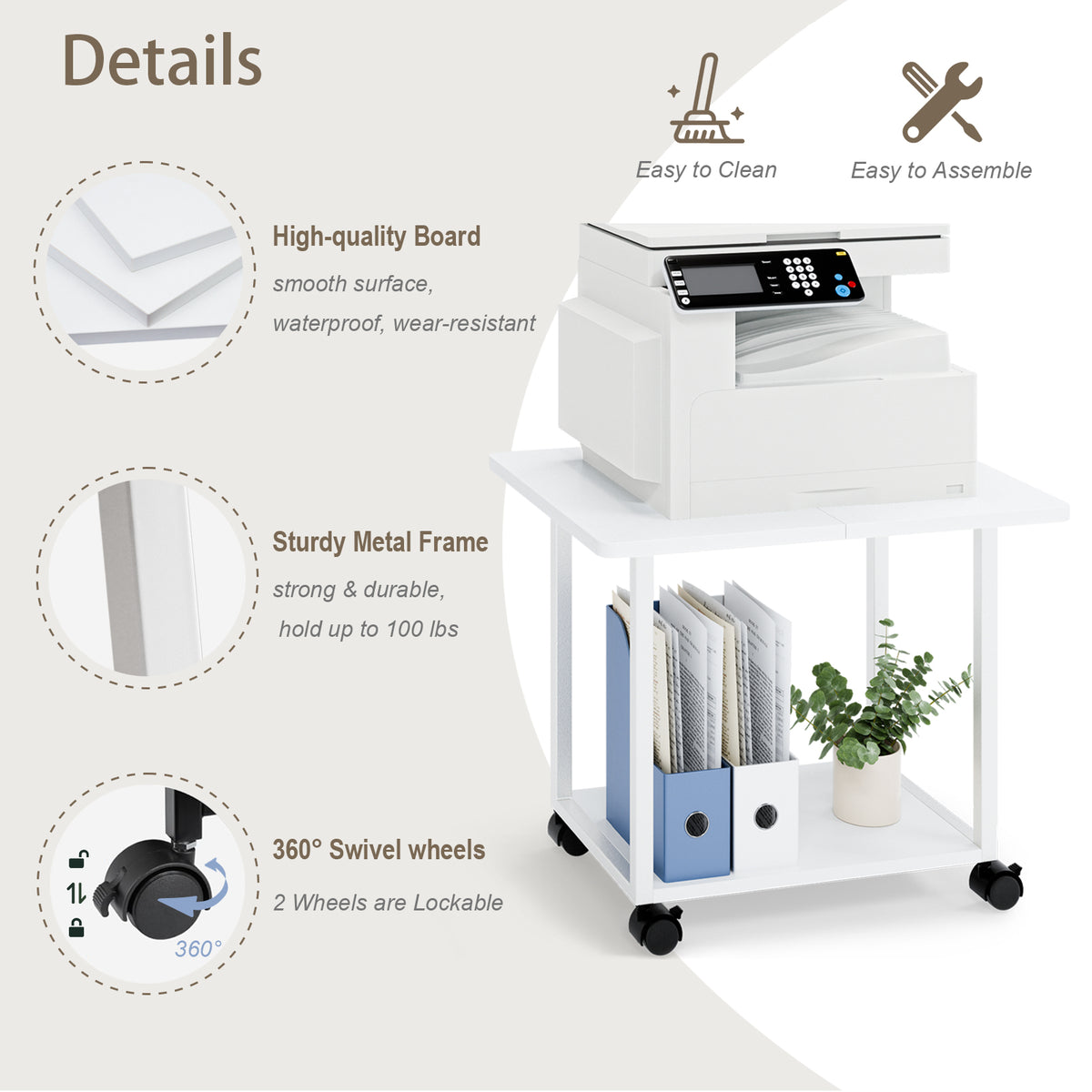 Teamix Rolling Printer Stand, 22" Under Desk Printer Cart with Storage