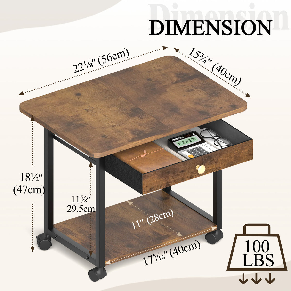 Teamix 2-Tier Rolling Printer Stand with Drawer, 22" Under Desk Printer Cart