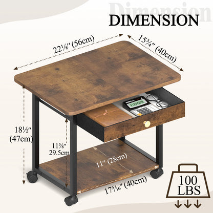 Teamix 2-Tier Rolling Printer Stand with Drawer, 22" Under Desk Printer Cart