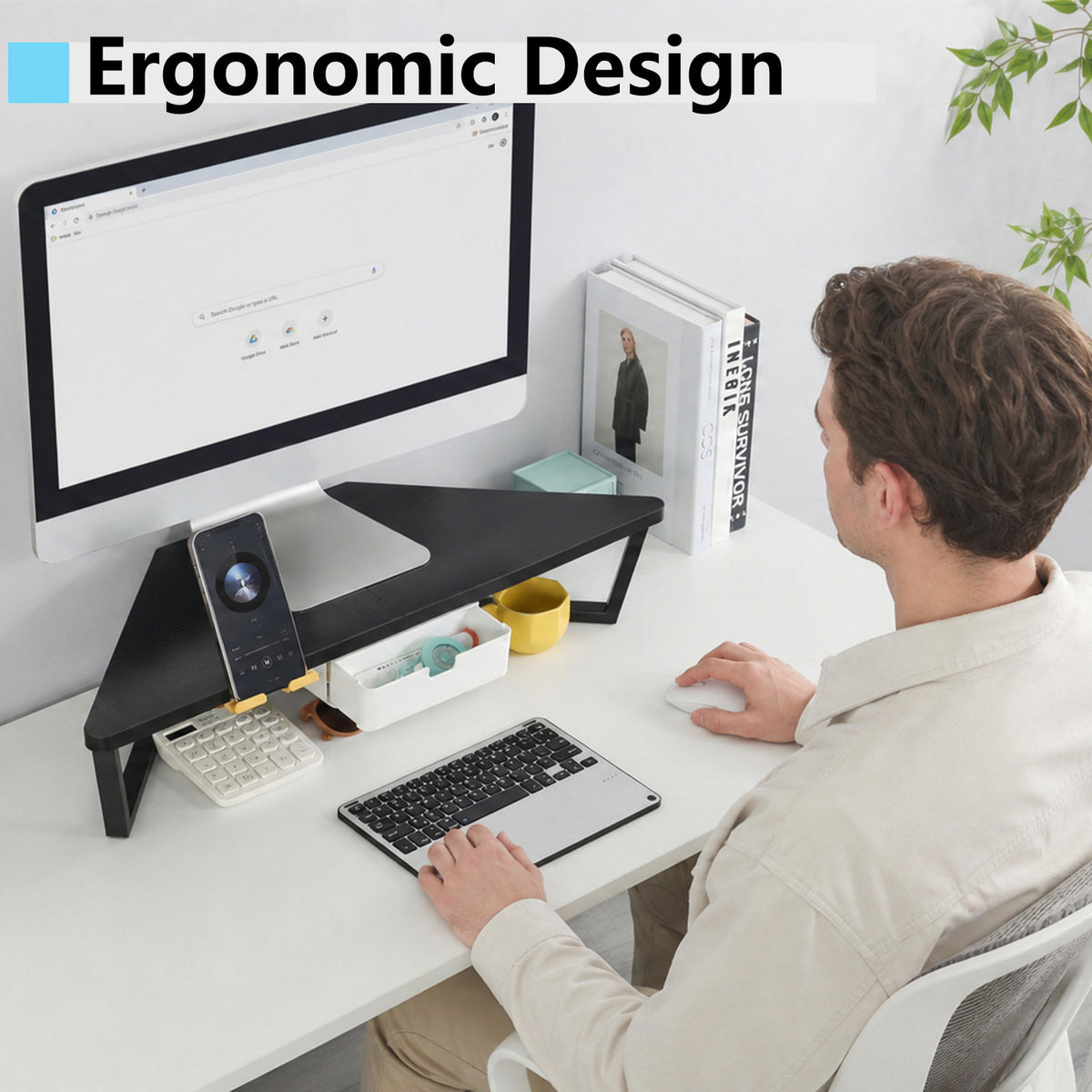 Teamix 26" Corner Monitor Stand Riser with Drawer & Phone Holder