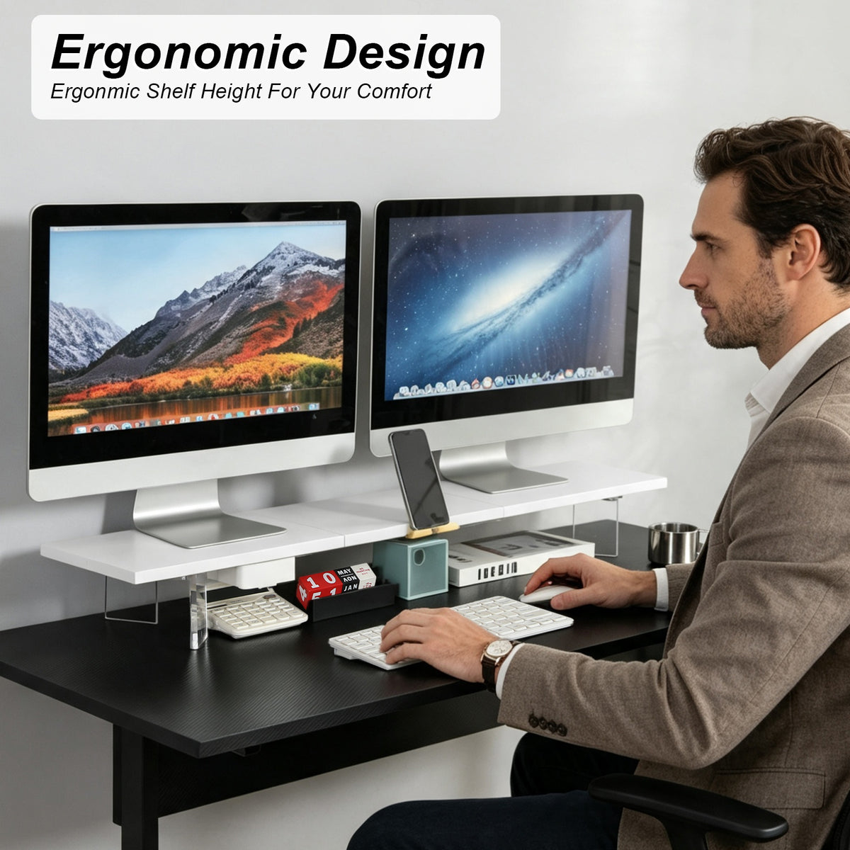 Teamix 39.4" Dual Monitor Stand Riser with Drawer & Acrylic Legs