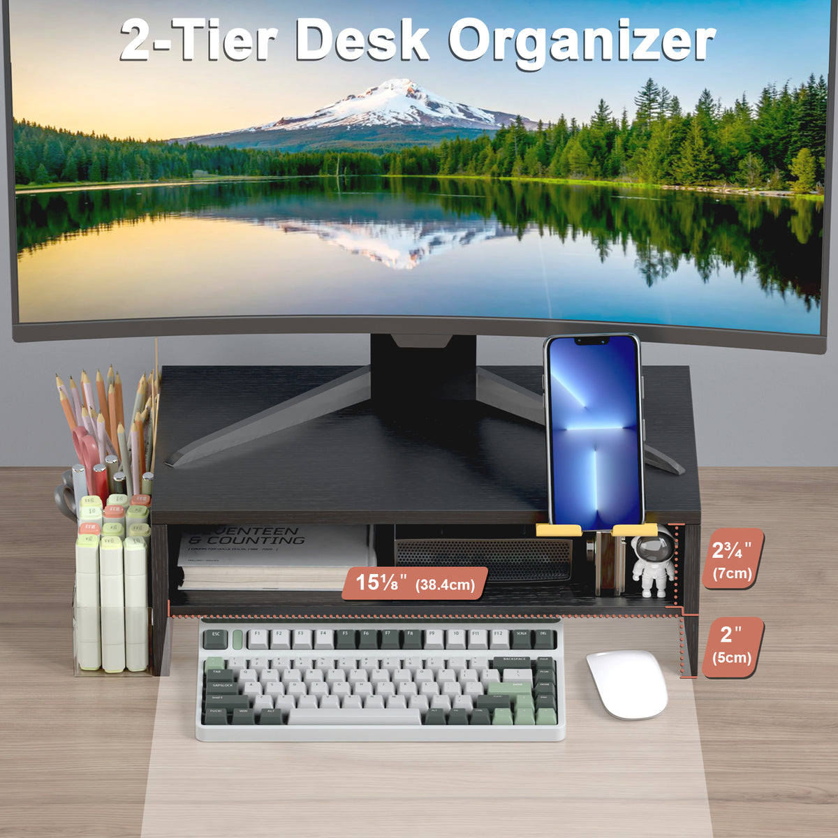 Teamix 16.1" 2-Tier Monitor Stand Riser with Phone Stand & Pen Holder