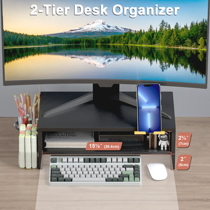 Teamix 16.1" 2-Tier Monitor Stand Riser with Phone Stand & Pen Holder